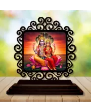 Car Desk/Table Top Lord Vishnu And Lakshmi Wooden Photo Stand  3x4 Inches, Compact & Stylish Spiritual Display For Car, Home & Office (Pack Of 1) (F20045)