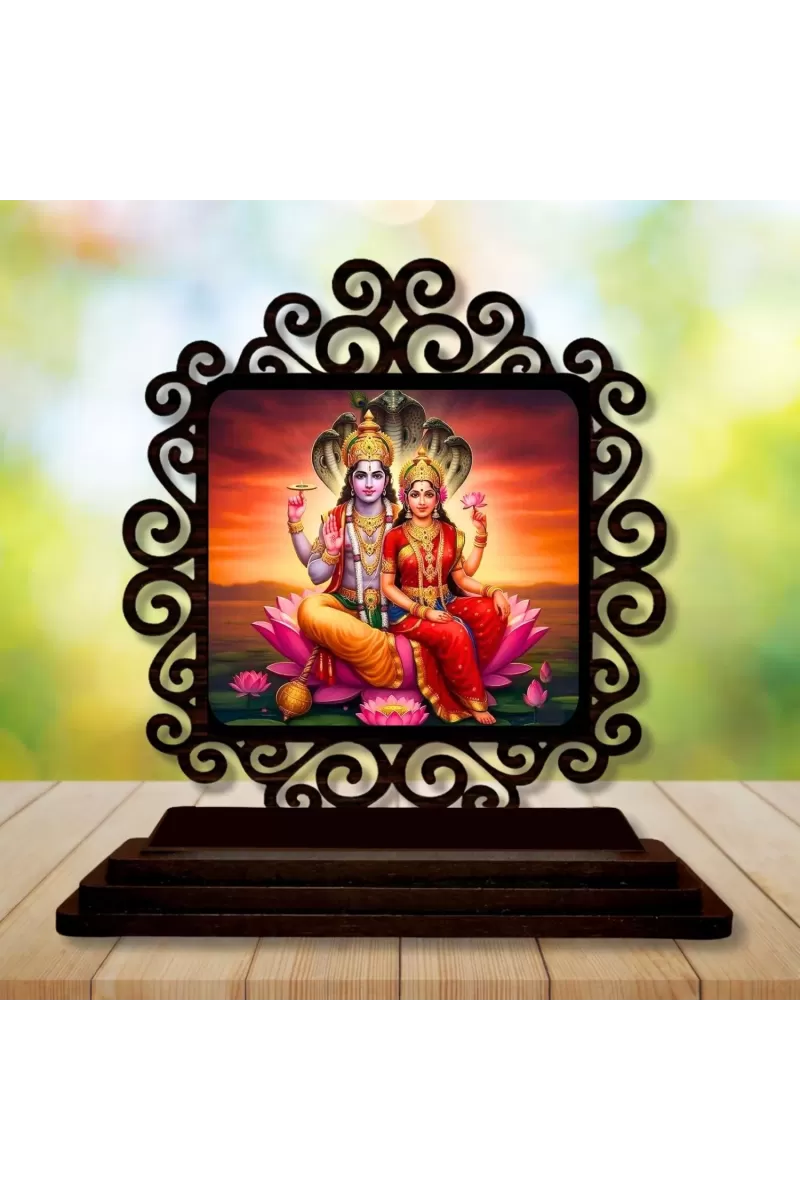 Car Desk/Table Top Lord Vishnu And Lakshmi Wooden Photo Stand  3x4 Inches, Compact & Stylish Spiritual Display For Car, Home & Office (Pack Of 1) (F20045)