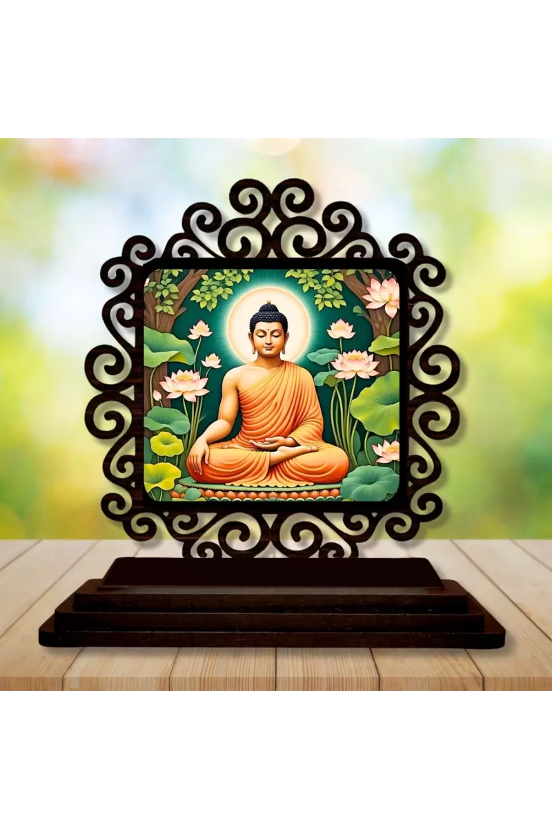 Car Desk/Table Top Serene Buddha Wooden Photo Stand  3x4 Inches, Compact & Stylish Spiritual Display For Car, Home & Office (Pack Of 1) (F20046)