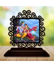 Car Desk/Table Top Radha Krishna Wooden Photo Stand  3x4 Inches, Compact & Stylish Spiritual Display For Car, Home & Office (Pack Of 1) (F20047)