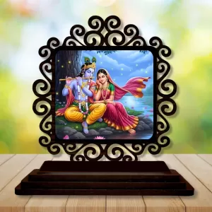 Car Desk/Table Top Radha Krishna Wooden Photo Stand  3x4 Inches, Compact & Stylish Spiritual Display For Car, Home & Office (Pack Of 1) (F20047)