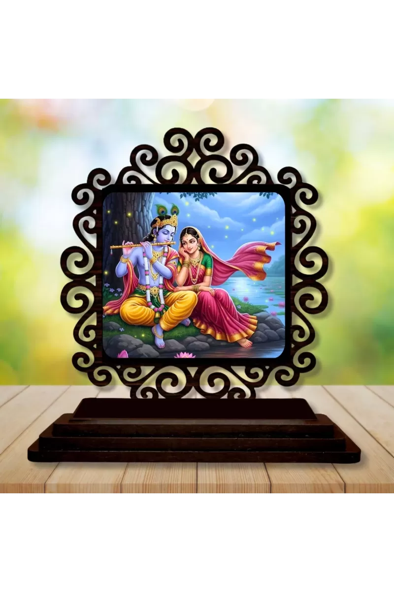 Car Desk/Table Top Radha Krishna Wooden Photo Stand  3x4 Inches, Compact & Stylish Spiritual Display For Car, Home & Office (Pack Of 1) (F20047)