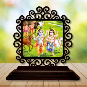 Car Desk/Table Top Lord Krishna Wooden Photo Stand  3x4 Inches, Compact & Stylish Spiritual Display For Car, Home & Office (Pack Of 1) (F20048)