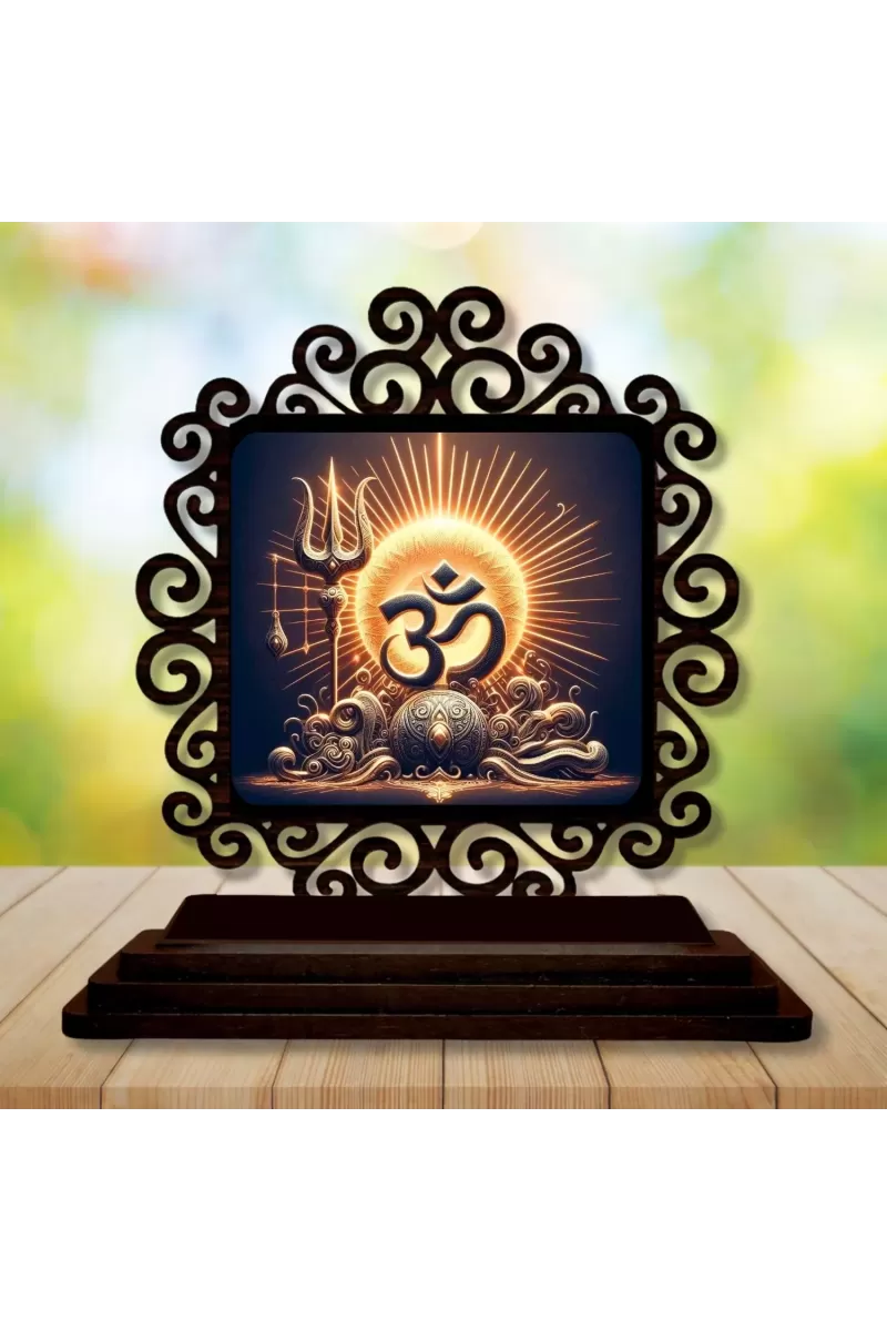 Car Desk/Table Top Om Symbol Wooden Photo Stand  3x4 Inches, Compact & Stylish Spiritual Display For Car, Home & Office (Pack Of 1) (F20051)