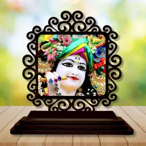 Car Desk/Table Top Lord Krishna Wooden Photo Stand  3x4 Inches, Compact & Stylish Spiritual Display For Car, Home & Office (Pack Of 1) (F20055)