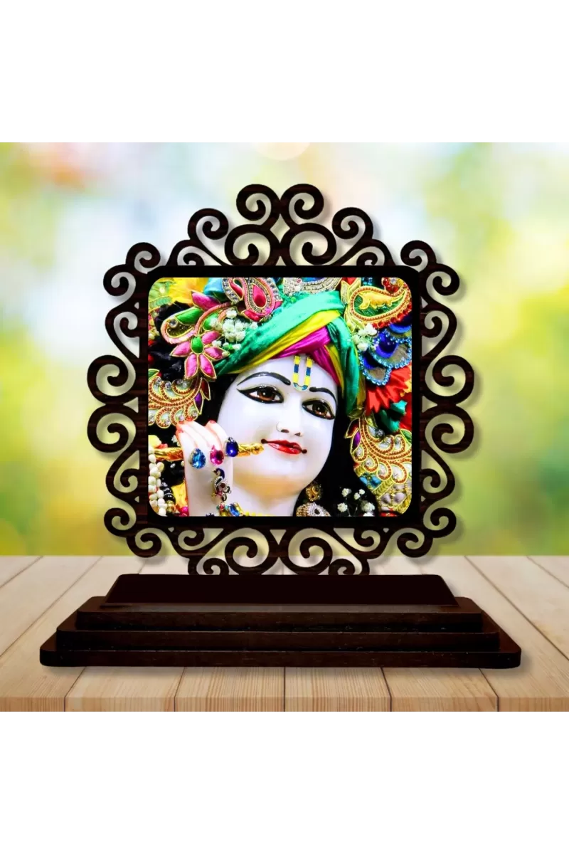 Car Desk/Table Top Lord Krishna Wooden Photo Stand  3x4 Inches, Compact & Stylish Spiritual Display For Car, Home & Office (Pack Of 1) (F20055)