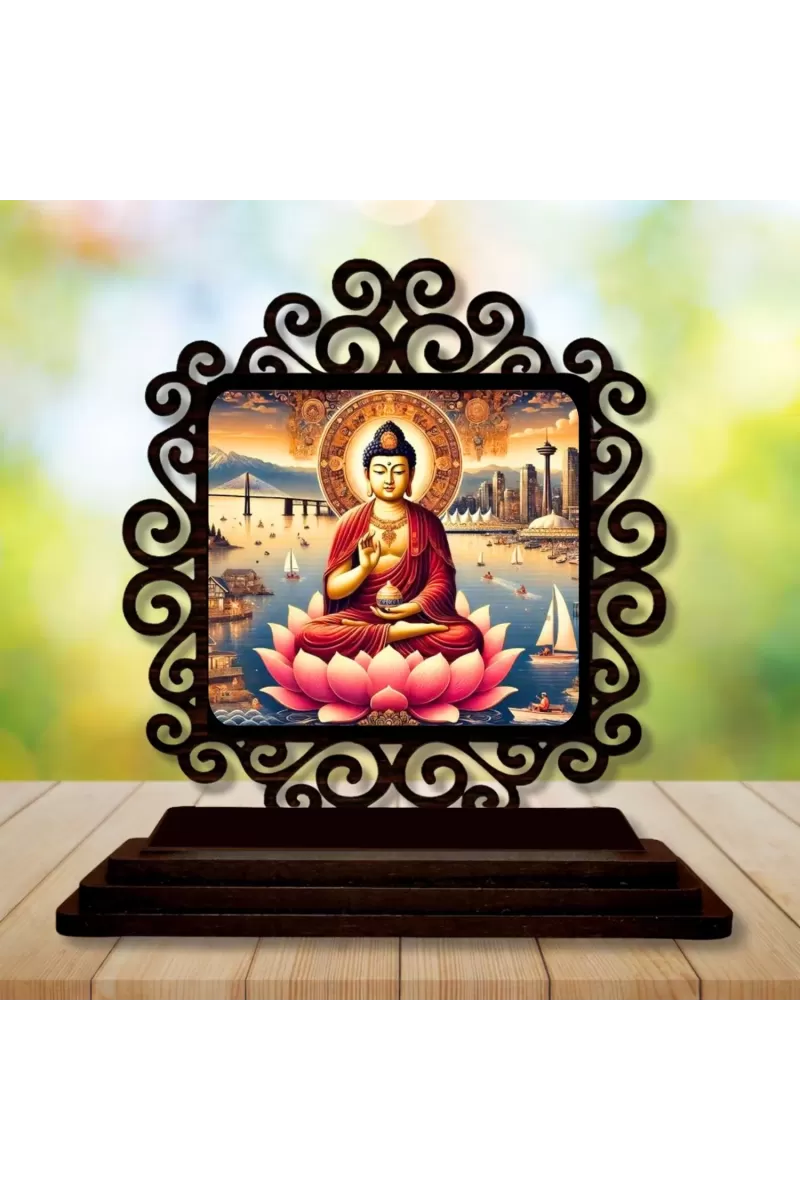 Car Desk/Table Top Serene Buddha Wooden Photo Stand  3x4 Inches, Compact & Stylish Spiritual Display For Car, Home & Office (Pack Of 1) (F20056)