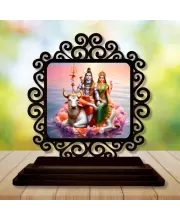 Car Desk/Table Top Lord Shiva And Parvathi Wooden Photo Stand  3x4 Inches, Compact & Stylish Spiritual Display For Car, Home & Office (Pack Of 1) (F20058)
