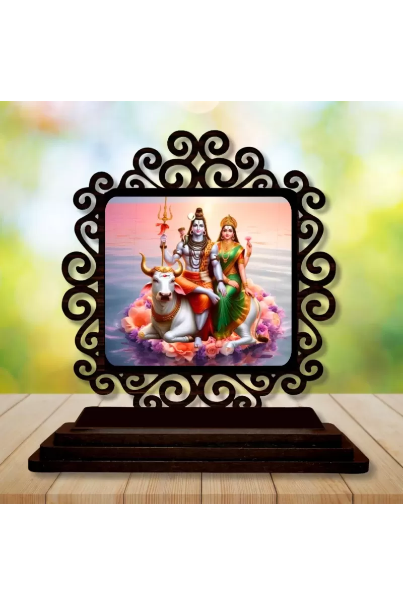 Car Desk/Table Top Lord Shiva And Parvathi Wooden Photo Stand  3x4 Inches, Compact & Stylish Spiritual Display For Car, Home & Office (Pack Of 1) (F20058)