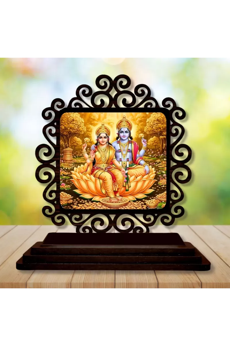 Car Desk/Table Top Lord Vishnu And Lakshmi Wooden Photo Stand  3x4 Inches, Compact & Stylish Spiritual Display For Car, Home & Office (Pack Of 1) (F20060)