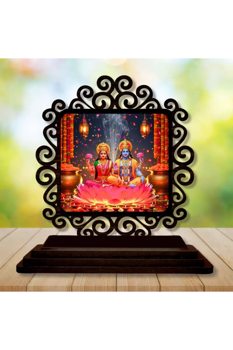 Car Desk/Table Top Lord Vishnu And Lakshmi Wooden Photo Stand  3x4 Inches, Compact & Stylish Spiritual Display For Car, Home & Office (Pack Of 1) (F20062)