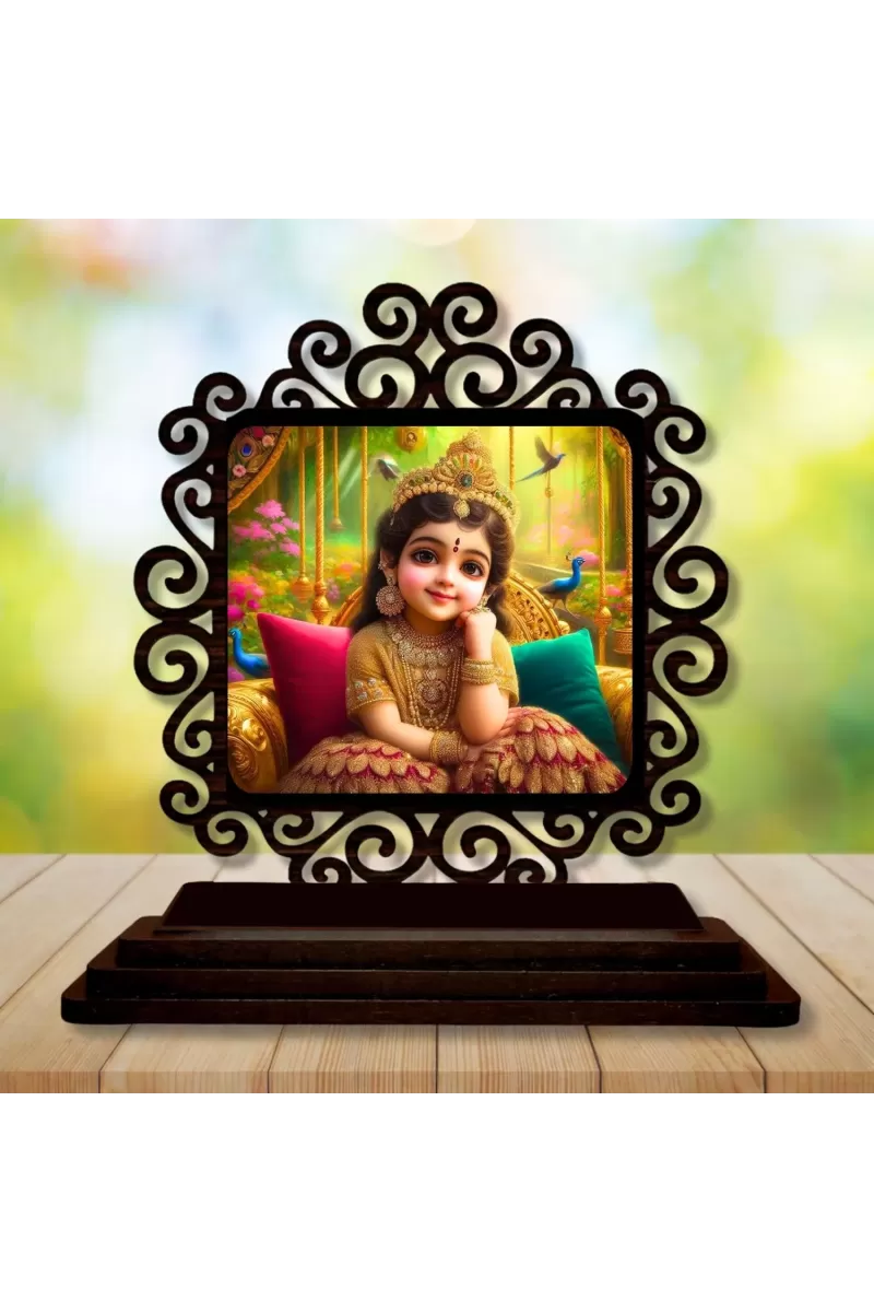 Car Desk/Table Top Beautiful Radha Wooden Photo Stand  3x4 Inches, Compact & Stylish Spiritual Display For Car, Home & Office (Pack Of 1) (F20063)
