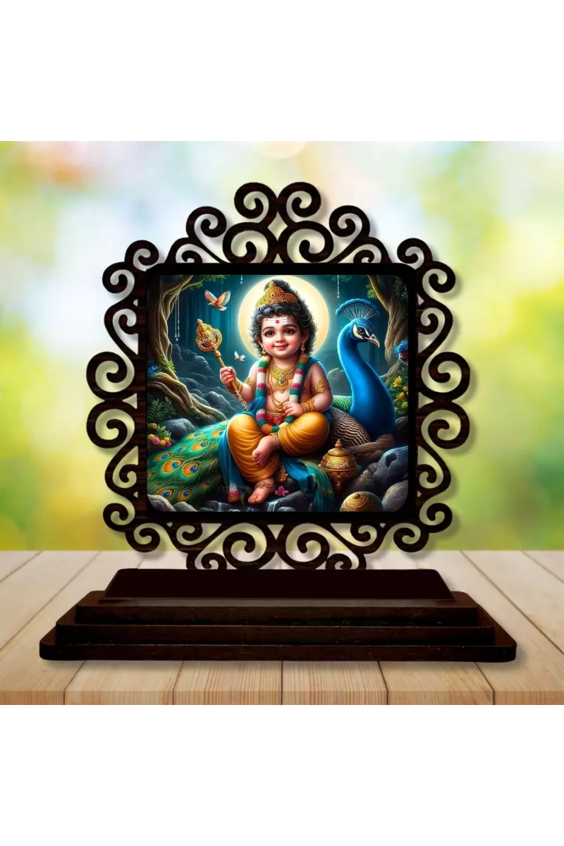 Car Desk/Table Top Lord Karthikeya Wooden Photo Stand  3x4 Inches, Compact & Stylish Spiritual Display For Car, Home & Office (Pack Of 1) (F20064)