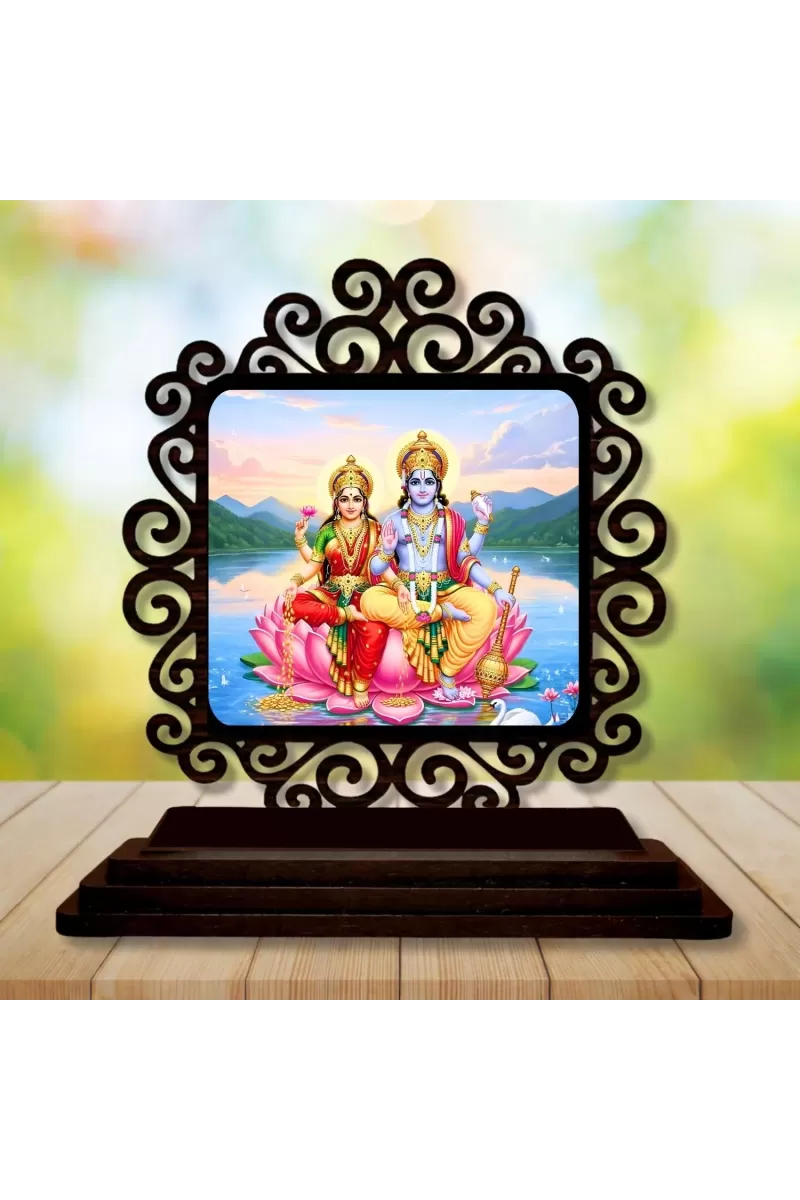 Car Desk/Table Top Lord Vishnu And Lakshmi Wooden Photo Stand  3x4 Inches, Compact & Stylish Spiritual Display For Car, Home & Office (Pack Of 1) (F20065)