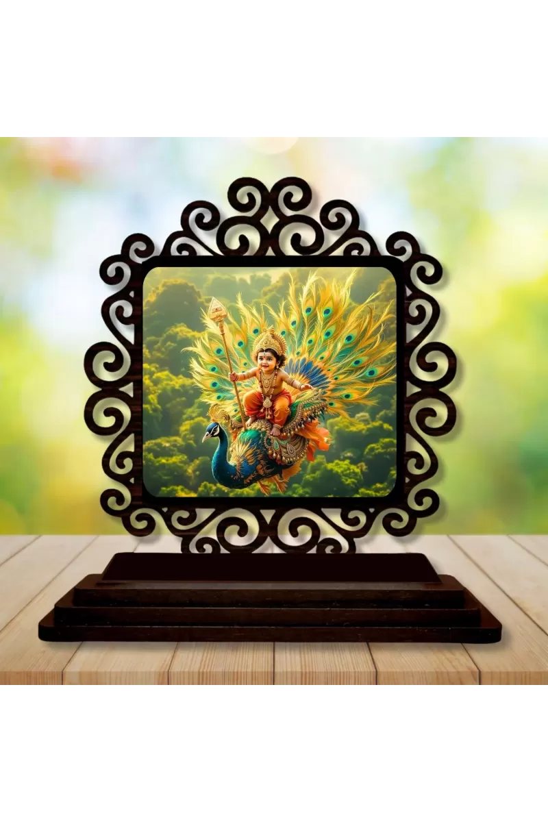Car Desk/Table Top Lord Karthikeya Wooden Photo Stand  3x4 Inches, Compact & Stylish Spiritual Display For Car, Home & Office (Pack Of 1) (F20066)