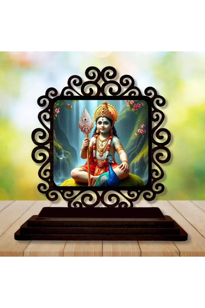 Car Desk/Table Top Lord Karthikeya Wooden Photo Stand  3x4 Inches, Compact & Stylish Spiritual Display For Car, Home & Office (Pack Of 1) (F20067)