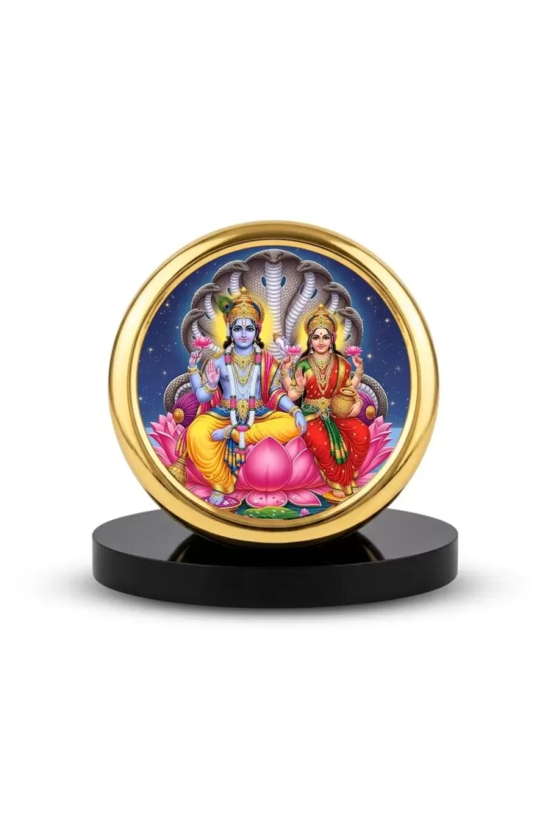Car Desk/Table Top Lord Vishnu Laksmi Metal Golden Photo Stand  2x2 Inches, Compact & Stylish Spiritual Display For Car, Home & Office (Pack Of 1) (F20718)