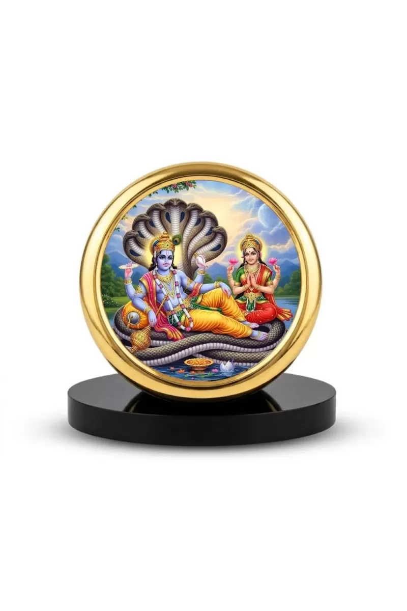 Car Desk/Table Top Lord Vishnu Laksmi Metal Golden Photo Stand  2x2 Inches, Compact & Stylish Spiritual Display For Car, Home & Office (Pack Of 1) (F20719)