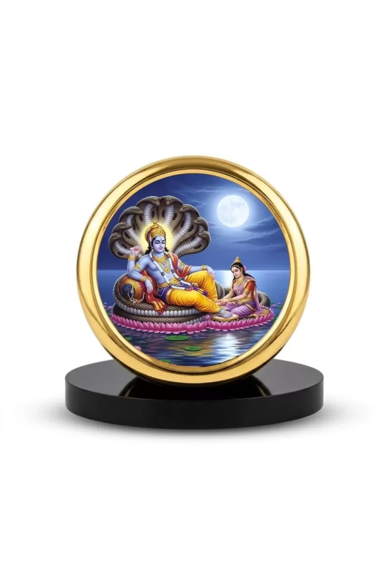 Car Desk/Table Top Lord Vishnu Laksmi Metal Golden Photo Stand  2x2 Inches, Compact & Stylish Spiritual Display For Car, Home & Office (Pack Of 1) (F20720)
