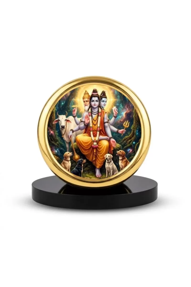 Car Desk/Table Top Lord Dattatreya Metal Golden Photo Stand  2x2 Inches, Compact & Stylish Spiritual Display For Car, Home & Office (Pack Of 1) (F20721)