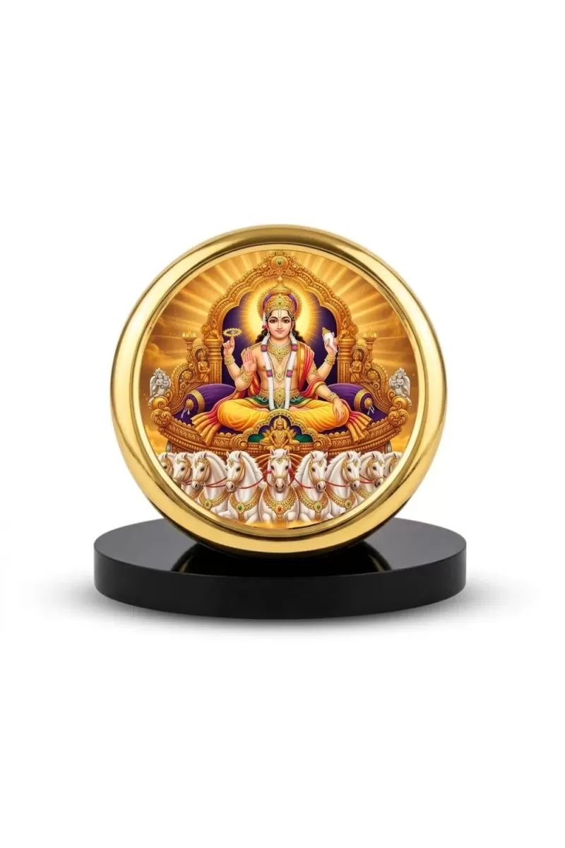 Car Desk/Table Top God Surya Dev Metal Golden Photo Stand  2x2 Inches, Compact & Stylish Spiritual Display For Car, Home & Office (Pack Of 1) (F20711)