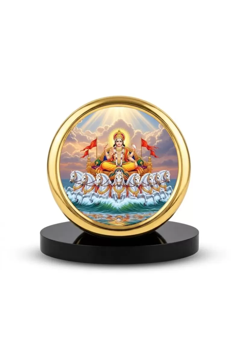 Car Desk/Table Top God Surya Dev Metal Golden Photo Stand  2x2 Inches, Compact & Stylish Spiritual Display For Car, Home & Office (Pack Of 1) (F20712)