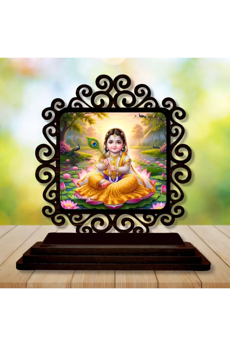 Car Desk/Table Top Goddess Radha Wooden Photo Stand  3x4 Inches, Compact & Stylish Spiritual Display For Car, Home & Office (Pack Of 1) (F21218)