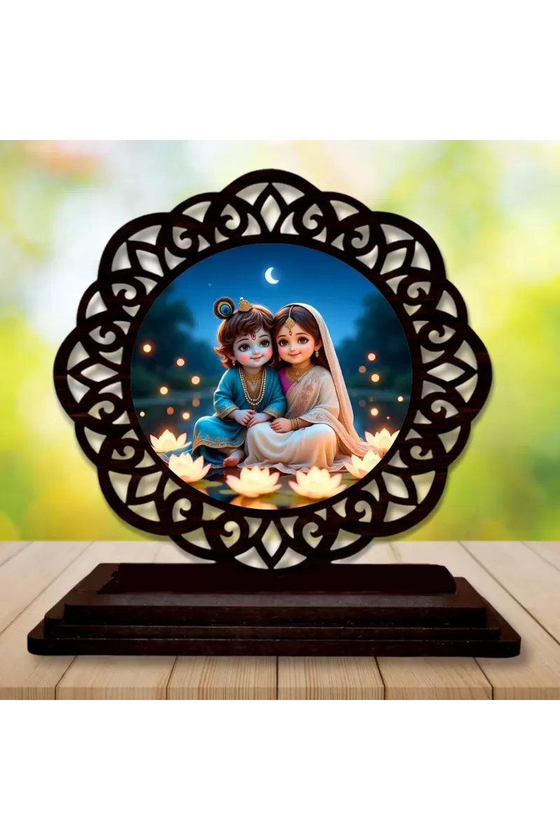 Car Desk/Table Top Cute Little  Radha Krishna Wooden Photo Stand  3x4 Inches, Compact & Stylish Spiritual Display For Car, Home & Office (Pack Of 1) (F21219)