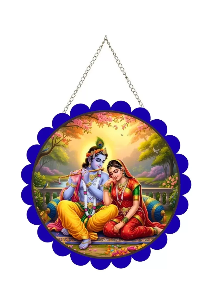 Radha Krishna Wall Hanging Photo Frame | 8 Inch Round Floral Design With Golden Hanging Chain | Decorative Religious Wall Decor For Home, Office, Temple & Pooja Room (F21713)