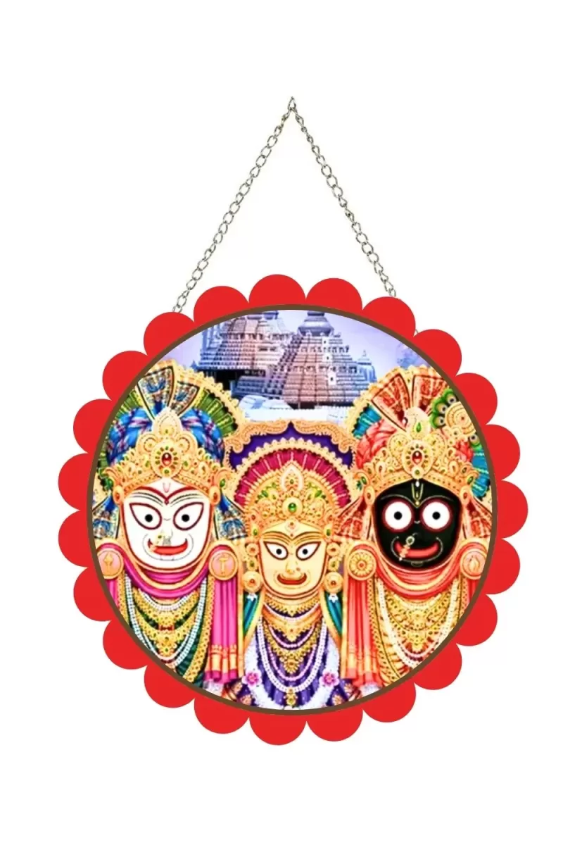 Lord Jagannath Wall Hanging Photo Frame | 8 Inch Round Floral Design With Golden Hanging Chain | Decorative Religious Wall Decor For Home, Office, Temple & Pooja Room (F21703)