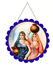 Women With Pots Wall Hanging Photo Frame | 8 Inch Round Floral Design With Golden Hanging Chain | Decorative Religious Wall Decor For Home, Office, Temple & Pooja Room (F21704)