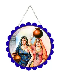 Women With Pots Wall Hanging Photo Frame | 8 Inch Round Floral Design With Golden Hanging Chain | Decorative Religious Wall Decor For Home, Office, Temple & Pooja Room (F21704)