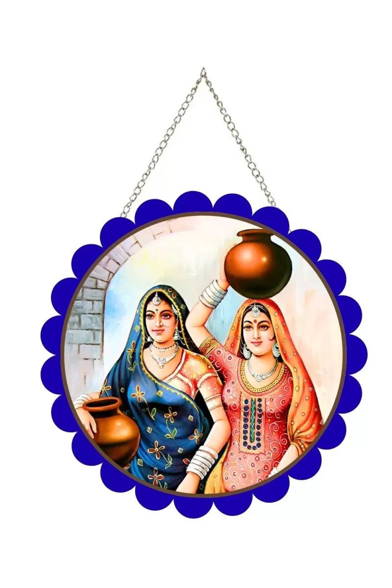 Women With Pots Wall Hanging Photo Frame | 8 Inch Round Floral Design With Golden Hanging Chain | Decorative Religious Wall Decor For Home, Office, Temple & Pooja Room (F21704)