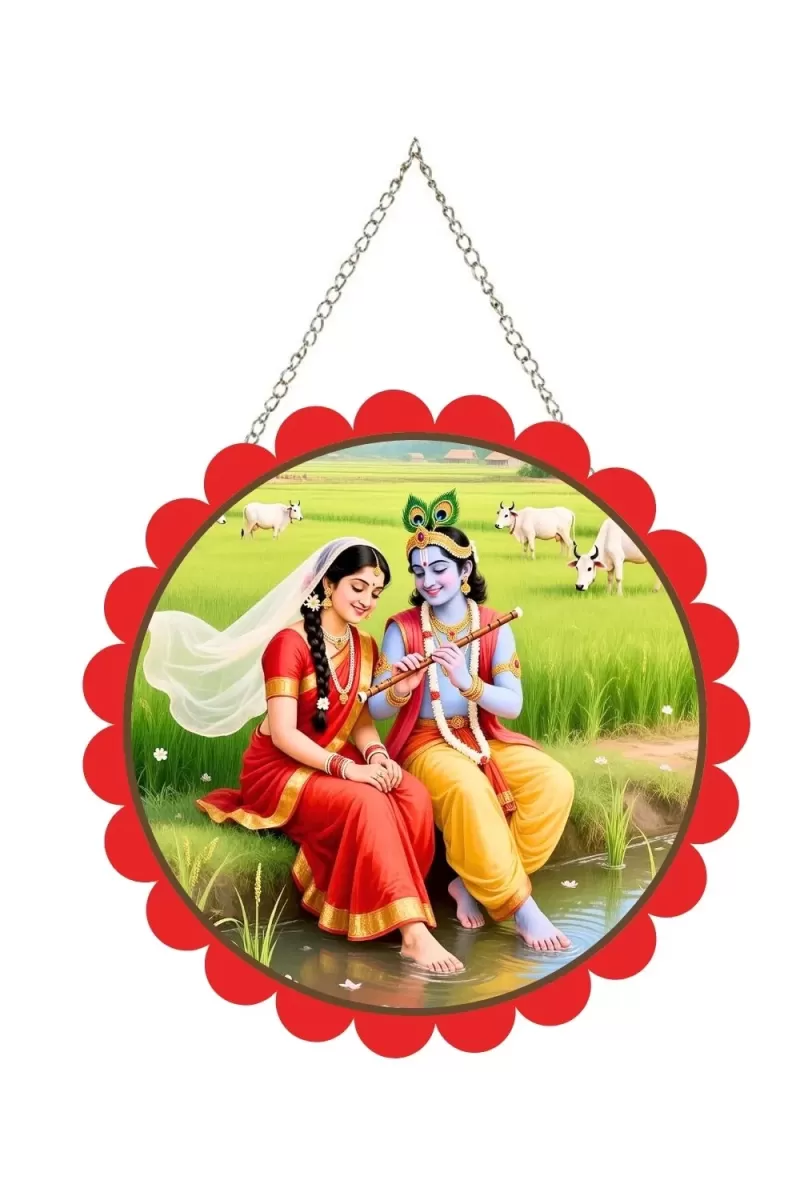 Radha Krishna Wall Hanging Photo Frame | 8 Inch Round Floral Design With Golden Hanging Chain | Decorative Religious Wall Decor For Home, Office, Temple & Pooja Room (F21706)