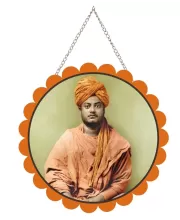 Swami Vivekananda Wall Hanging Photo Frame | 8 Inch Round Floral Design With Golden Hanging Chain | Decorative Religious Wall Decor For Home, Office, Temple & Pooja Room (F21728)