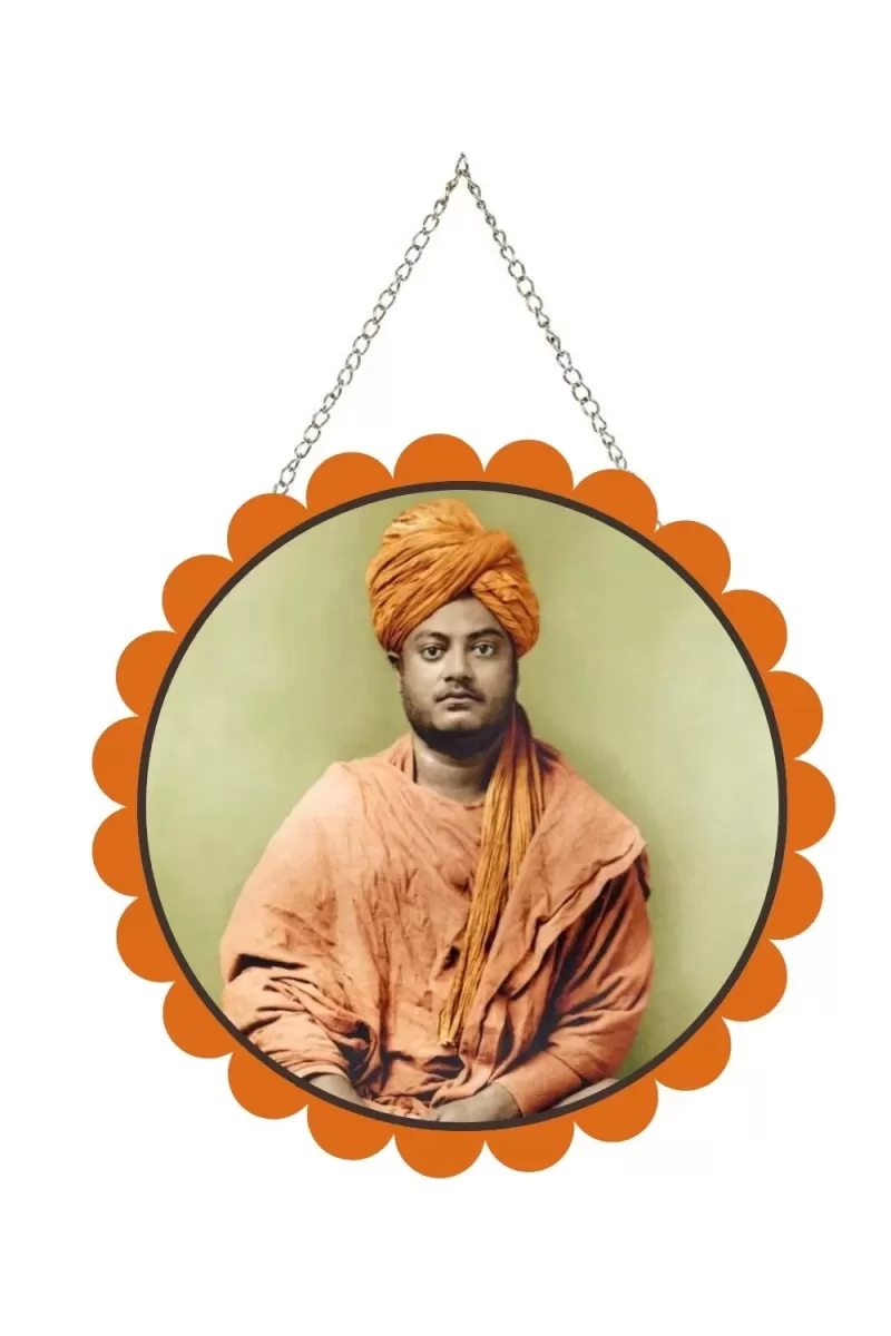 Swami Vivekananda Wall Hanging Photo Frame | 8 Inch Round Floral Design With Golden Hanging Chain | Decorative Religious Wall Decor For Home, Office, Temple & Pooja Room (F21728)