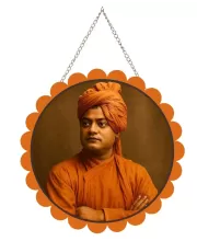 Swami Vivekananda Wall Hanging Photo Frame | 8 Inch Round Floral Design With Golden Hanging Chain | Decorative Religious Wall Decor For Home, Office, Temple & Pooja Room (F21730)