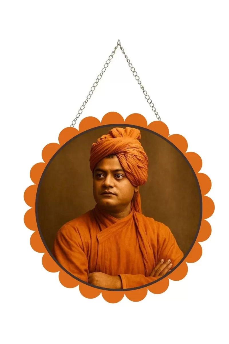 Swami Vivekananda Wall Hanging Photo Frame | 8 Inch Round Floral Design With Golden Hanging Chain | Decorative Religious Wall Decor For Home, Office, Temple & Pooja Room (F21730)