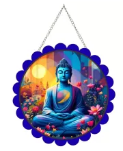 Serene Buddha Wall Hanging Photo Frame | 8 Inch Round Floral Design With Golden Hanging Chain | Decorative Religious Wall Decor For Home, Office, Temple & Pooja Room (F21732)