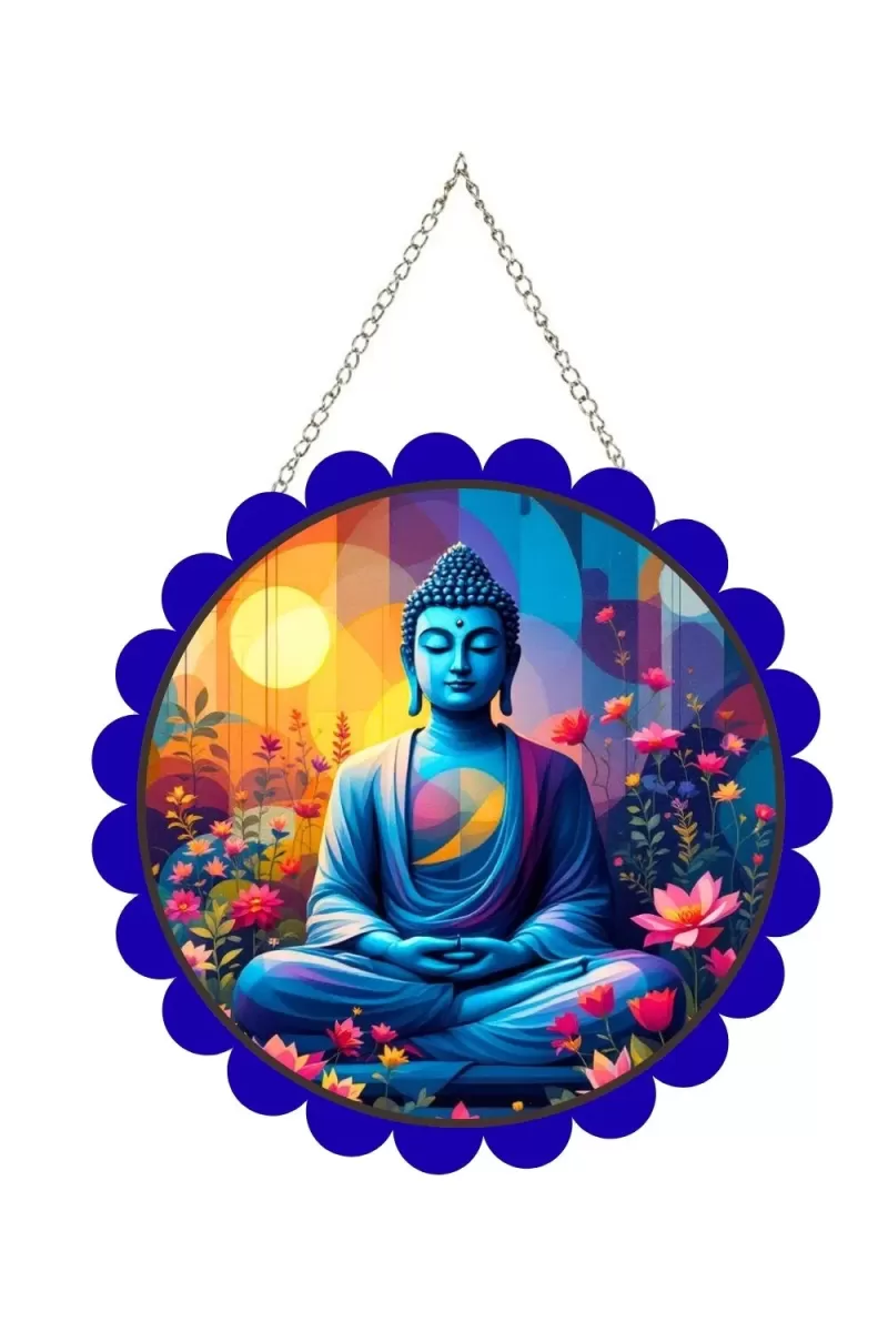 Serene Buddha Wall Hanging Photo Frame | 8 Inch Round Floral Design With Golden Hanging Chain | Decorative Religious Wall Decor For Home, Office, Temple & Pooja Room (F21732)