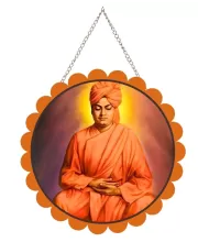 Swami Vivekananda Wall Hanging Photo Frame | 8 Inch Round Floral Design With Golden Hanging Chain | Decorative Religious Wall Decor For Home, Office, Temple & Pooja Room (F21738)