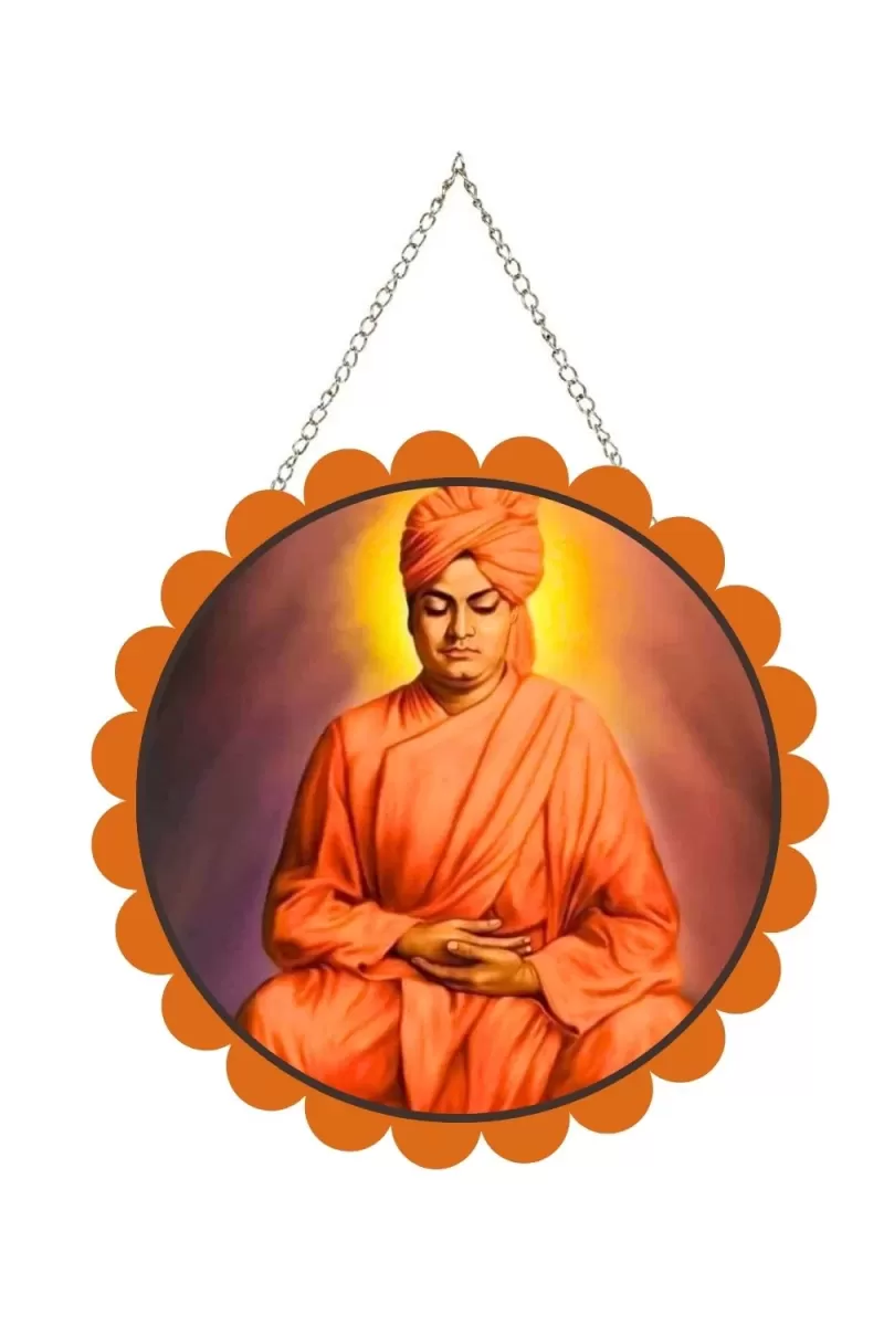 Swami Vivekananda Wall Hanging Photo Frame | 8 Inch Round Floral Design With Golden Hanging Chain | Decorative Religious Wall Decor For Home, Office, Temple & Pooja Room (F21738)