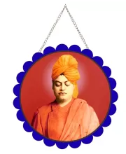 Swami Vivekananda Wall Hanging Photo Frame | 8 Inch Round Floral Design With Golden Hanging Chain | Decorative Religious Wall Decor For Home, Office, Temple & Pooja Room (F21746)