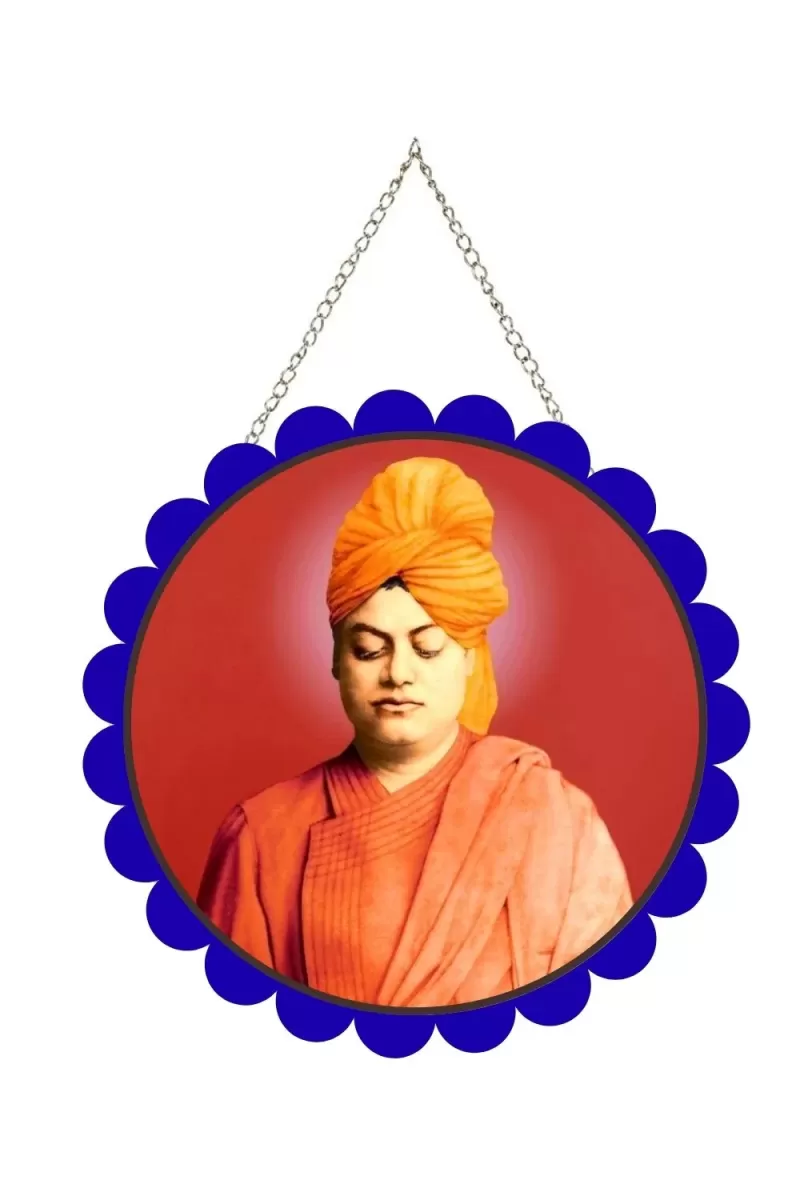 Swami Vivekananda Wall Hanging Photo Frame | 8 Inch Round Floral Design With Golden Hanging Chain | Decorative Religious Wall Decor For Home, Office, Temple & Pooja Room (F21746)