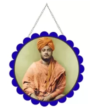 Swami Vivekananda Wall Hanging Photo Frame | 8 Inch Round Floral Design With Golden Hanging Chain | Decorative Religious Wall Decor For Home, Office, Temple & Pooja Room (F21748)