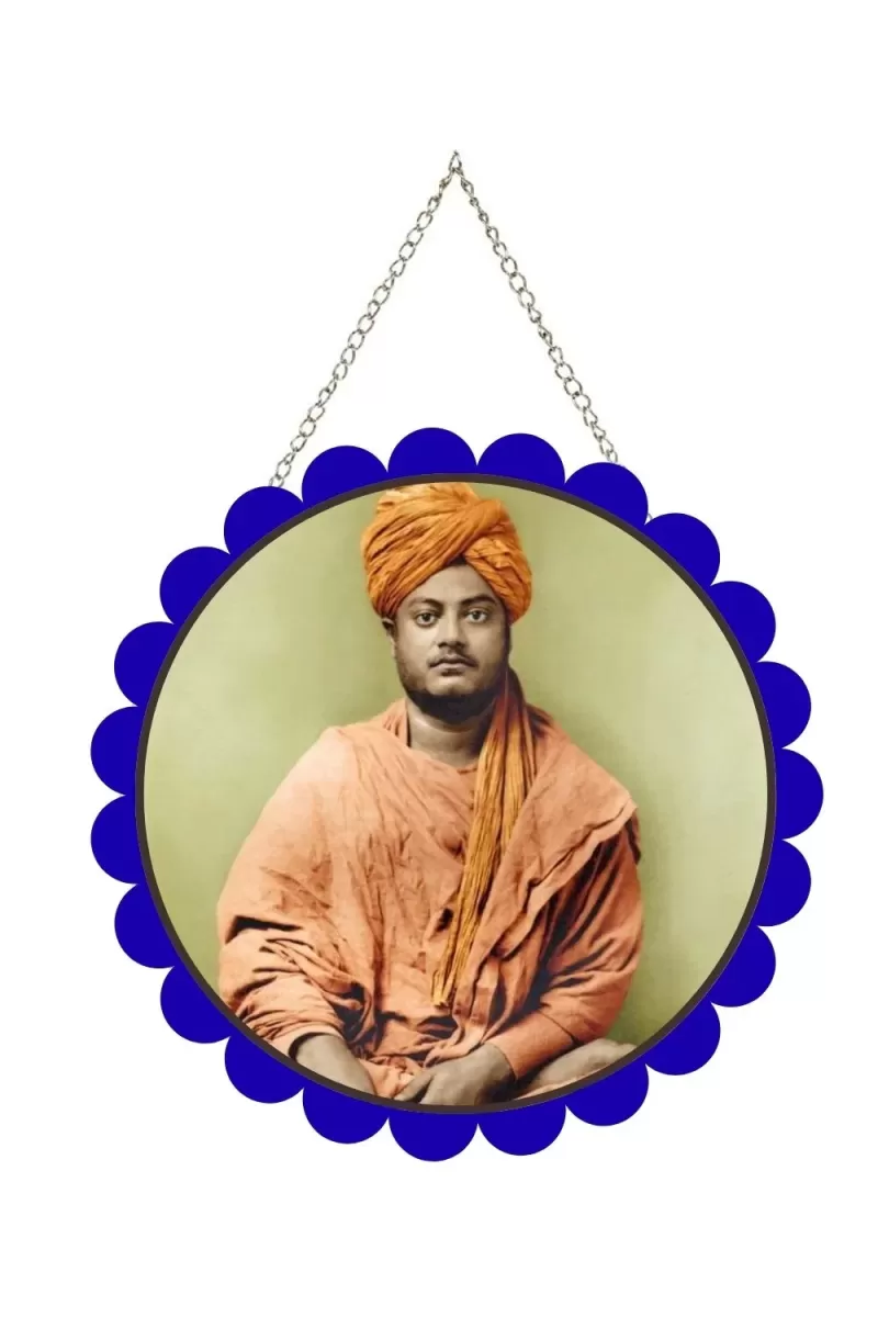 Swami Vivekananda Wall Hanging Photo Frame | 8 Inch Round Floral Design With Golden Hanging Chain | Decorative Religious Wall Decor For Home, Office, Temple & Pooja Room (F21748)