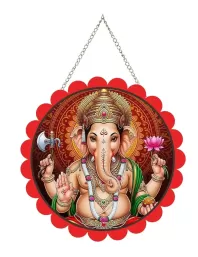 Lord Ganesha Wall Hanging Photo Frame | 8 Inch Round Floral Design With Golden Hanging Chain | Decorative Religious Wall Decor For Home, Office, Temple & Pooja Room (F21757)