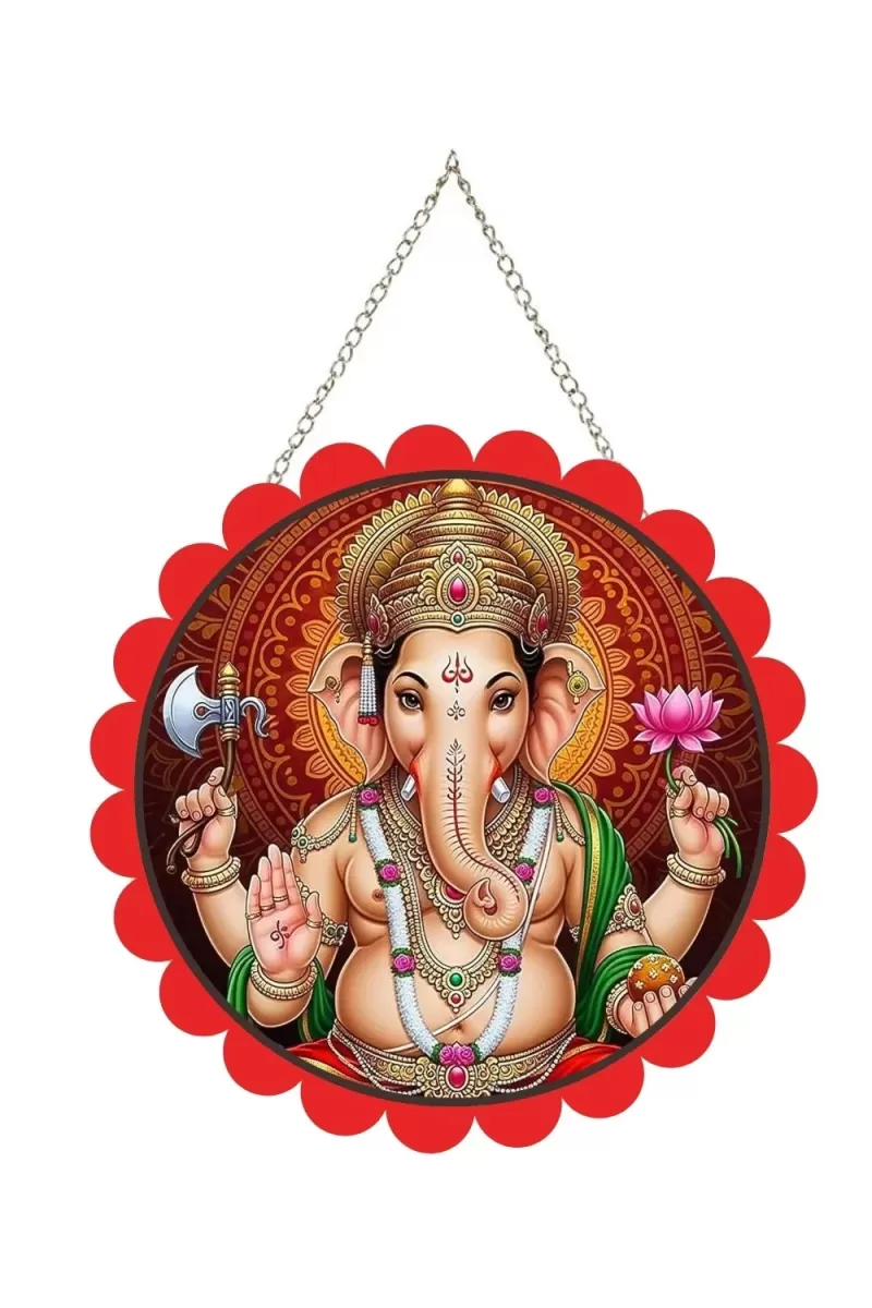 Lord Ganesha Wall Hanging Photo Frame | 8 Inch Round Floral Design With Golden Hanging Chain | Decorative Religious Wall Decor For Home, Office, Temple & Pooja Room (F21757)