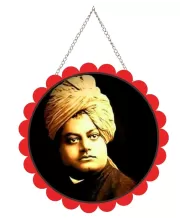 Swami Vivekananda Wall Hanging Photo Frame | 8 Inch Round Floral Design With Golden Hanging Chain | Decorative Religious Wall Decor For Home, Office, Temple & Pooja Room (F21770)