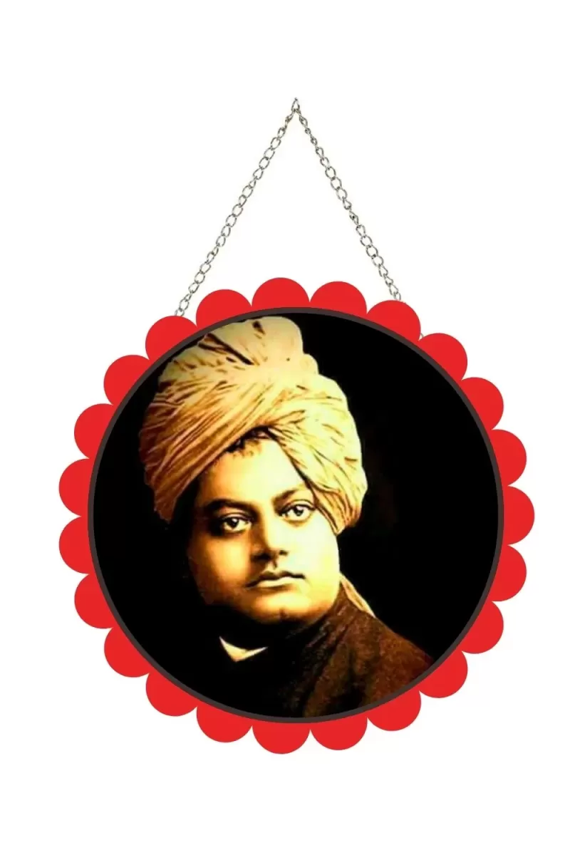 Swami Vivekananda Wall Hanging Photo Frame | 8 Inch Round Floral Design With Golden Hanging Chain | Decorative Religious Wall Decor For Home, Office, Temple & Pooja Room (F21770)